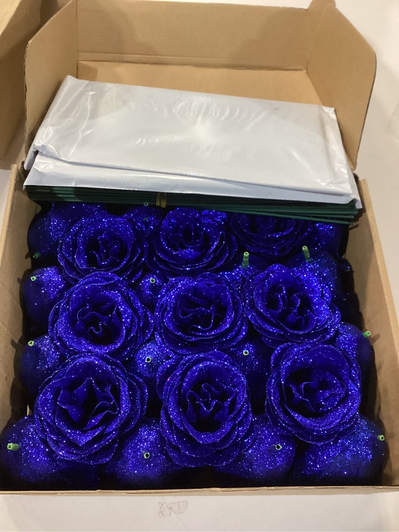 Condition photo showing New/Like New for 24 Pcs Glitter Rose Bouquet Fake Forever Flowers Everlasting Shiny Self-Assembly Flowers for Valentines Birthday Anniversary Engagement(Blue)