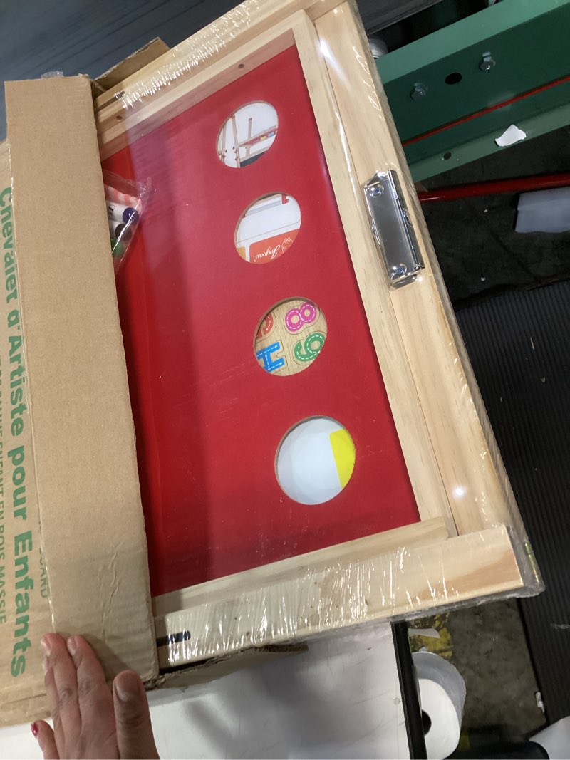 Condition photo showing New/Like New for JOYOOSS Kids Wooden Easel with Paper Roll - Adjustable Magnetic Double Sided Drawing Board Whiteboard & Chalkboard Dry Easel Board,Children Art Easel for 3~12 Years Kids Boys Girls Painting Drawing Kids Easel w Red Tray