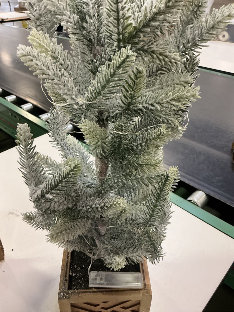 Condition photo showing Good Condition for 2FT Pre-lit Mini Christmas Snow Flocked Tree,Tabletop Artificial Christmas Tree with LED Lights, Small Xmas Pine Tree with Cloth Bag Base for Christmas Decor,12 PCS Berry & 8 Pinecones