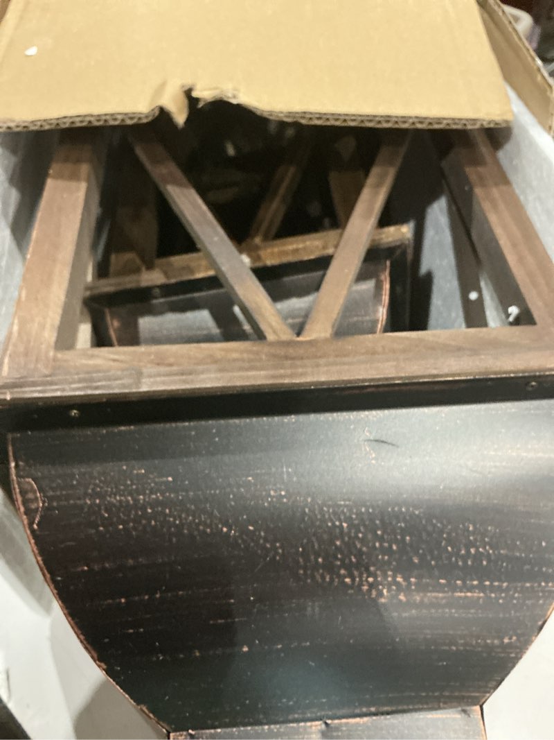 Condition photo showing As Is for (used, pieces cracked)decorkey large farmhouse wooden metal lantern set of 2, 30''/22'' h rustic decorative indoor & outdoor hanging candle lanterns, wooden outdoor lanterns for patio front porch table, brown blackish-brown 2