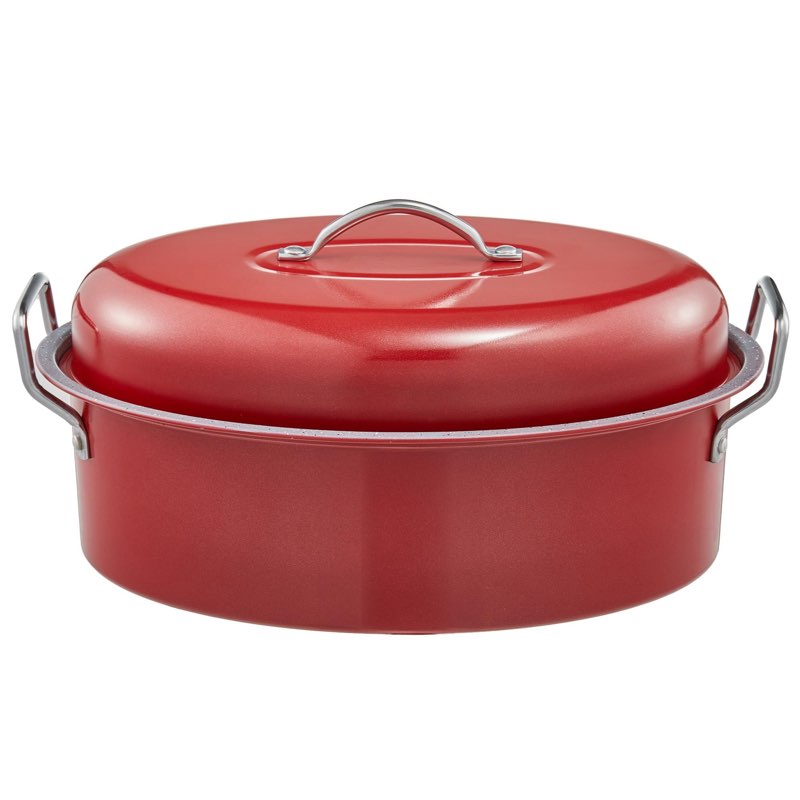 HONGBAKE 18 Inch Turkey Roasting Pan with Rack and Lid – Large Red Carbon Steel Roaster Pan for 20 l