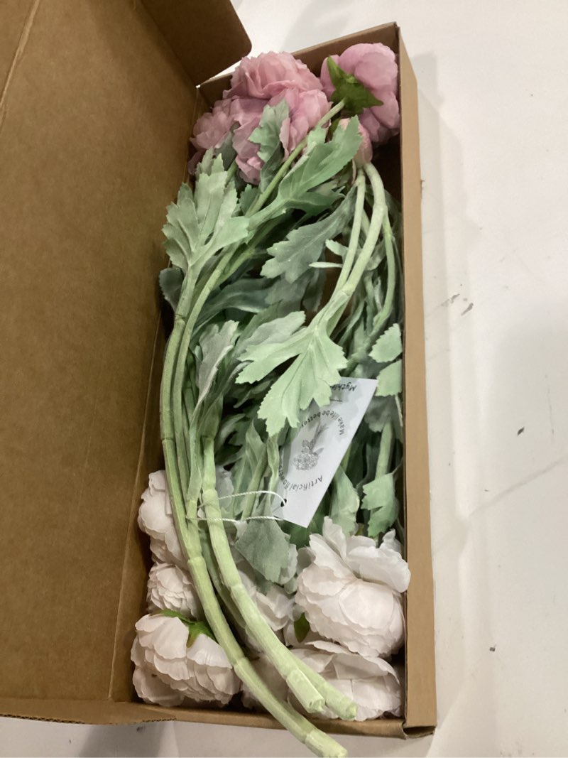 Condition photo showing Good Condition for 7 pcs peony artificial flowers with stems, faux ice and opal pink ranunculus mixed, silk flowers arrangement for home office farmhouse indoor decor, kitchen dining table centerpiece decor ice pink + opal pink