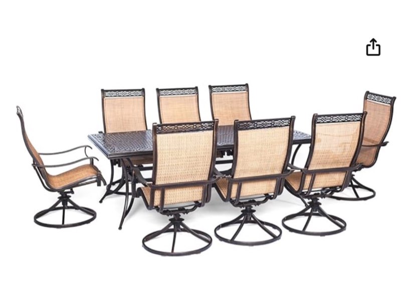 (3 boxes for pickup) Hanover Manor 9-Piece Outdoor Dining Set with PVC Sling Swivel Rockers and Rectangular Dining Table, Weather and Rust Resistant Aluminum Patio Dining Set for 8, Perfect for Backyard, Deck, and Patio