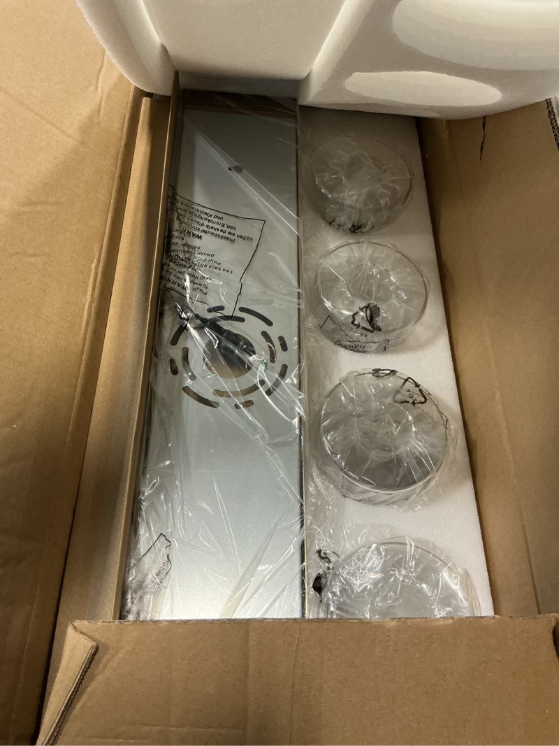 Condition photo showing New/Like New for 4-light bathroom light fixtures, brushed gold vanity light with cylinder clear glass shade, modern vanity lighting fixtures over mirror, vl143-bg-4 brushed gold, cylinder glass shade 4-light