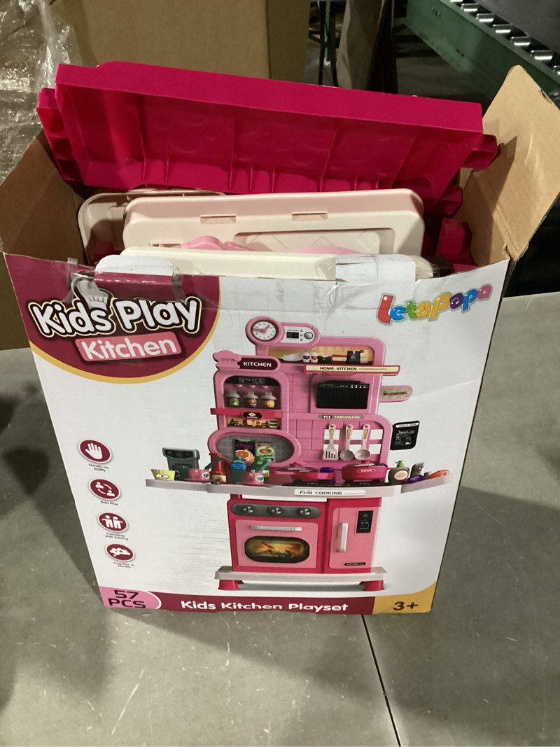 Condition photo showing Good Condition for Play Kitchen Set, Kids Kitchen Playset with Realistic Sound & Light, Cooking Stove, Sink, Play Food and Accessories, 57 Pcs Kitchen Toys Gifts for Toddlers 2-4 3-5 Girls (Pink)