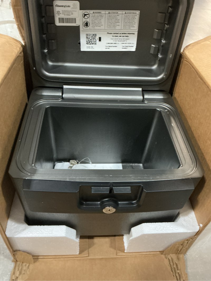 Condition photo showing New/Like New for sentrysafe black fireproof and waterproof safe, file folder and document box with key lock, 14.3 x 15.5 x 13.5 inches, hd4100