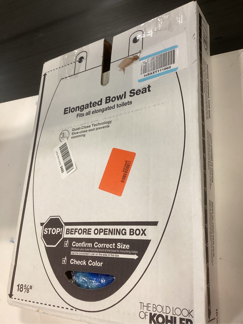 Condition photo showing New/Like New for kohler k-4774-0 brevia elongated white toilet seat with quick-release hinges and quick-attach hardware for easy clean, white