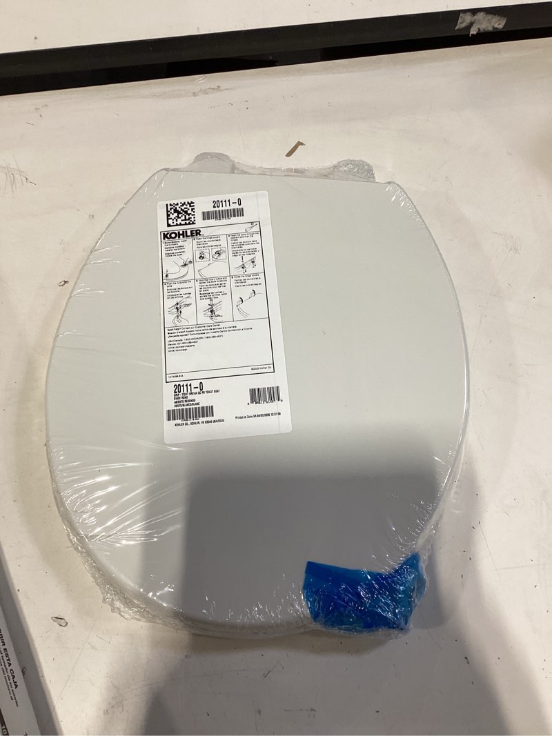 Condition photo showing New/Like New for kohler 20111-0 brevia, slow close toilet seat, round toilet seat, grip-tight bumpers quick-attach hardware, white