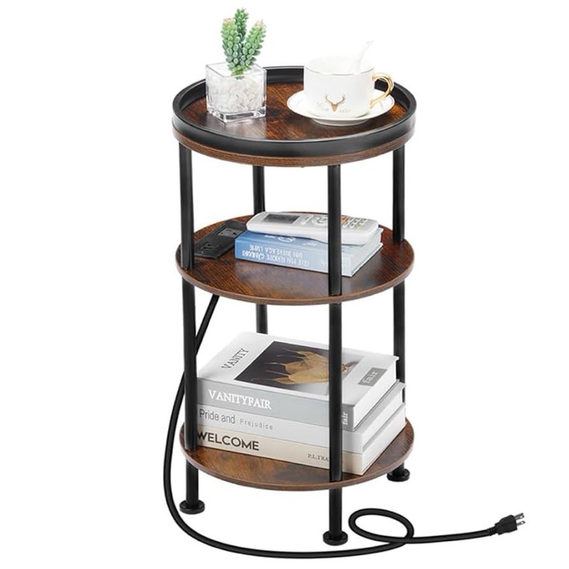 Round End/Side Table with 3-Tier Storage Shelves,Built-In Charging Station, USB Ports and Power Outlets