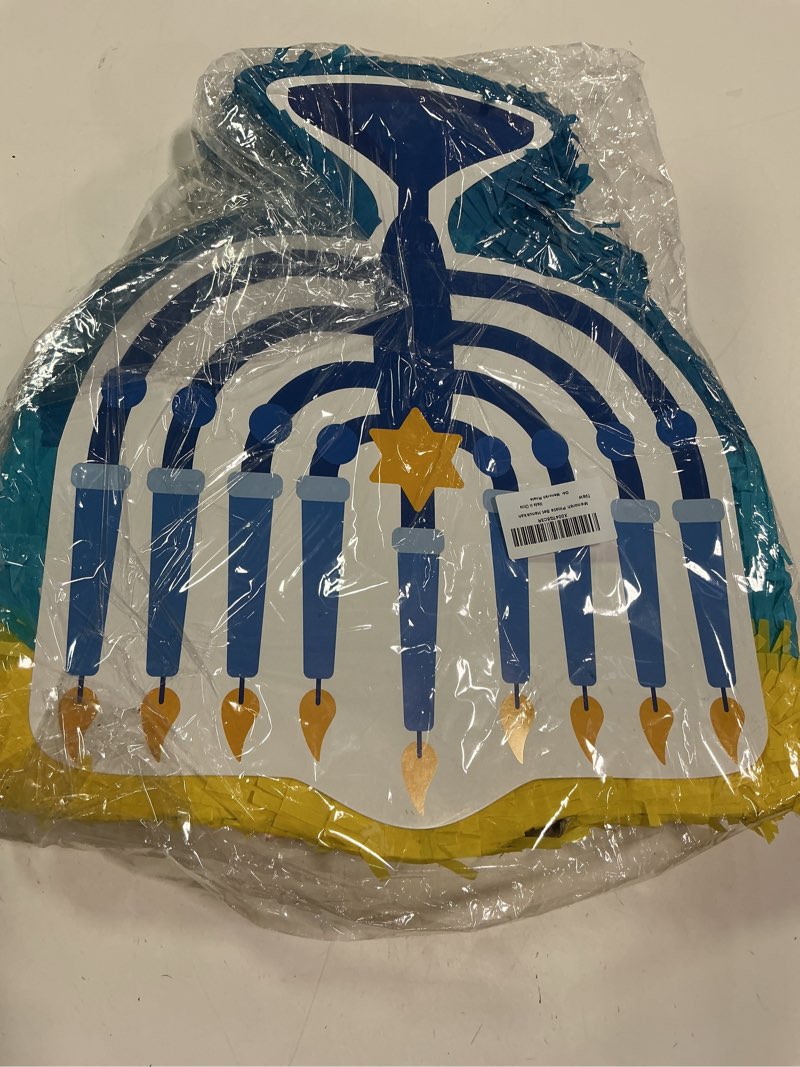 Condition photo showing As Is for (Incomplete)Hanukkah Christmas Pinata with Stick Blindfold and Confetti Christmas Pinata Bundle for Xmas Birthday Holiday Game Favors Photo Prop Decoration (Menorah)
