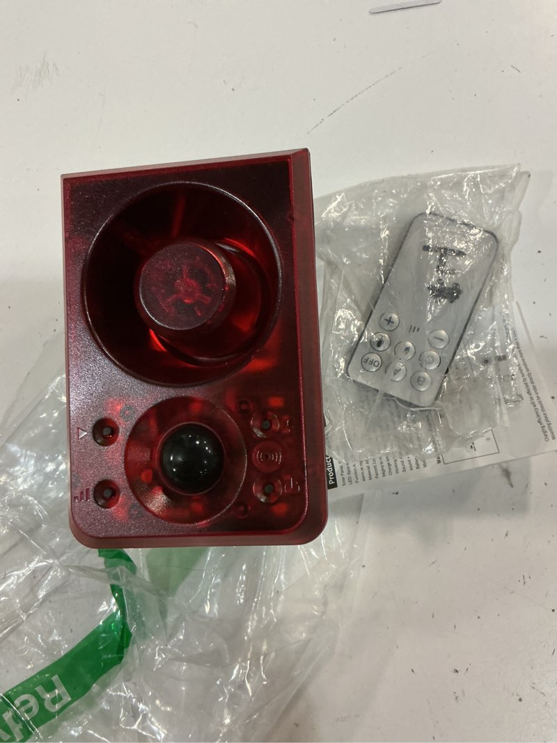 Condition photo showing Good Condition for solar outdoor motion sensor alarm - dog barking & gunshot sound, support recording and volume adjustment, 130db noise with flashing light to deter raccoon, deer, skunk, bear, coyote
