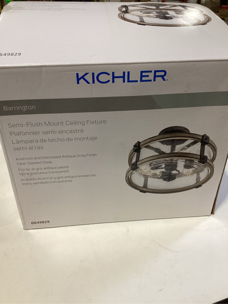 Condition photo showing Good Condition for 1k+ views last week kichler barrington 14.75-in anvil iron and driftwood indoor 3 -light semi-flush mount light with