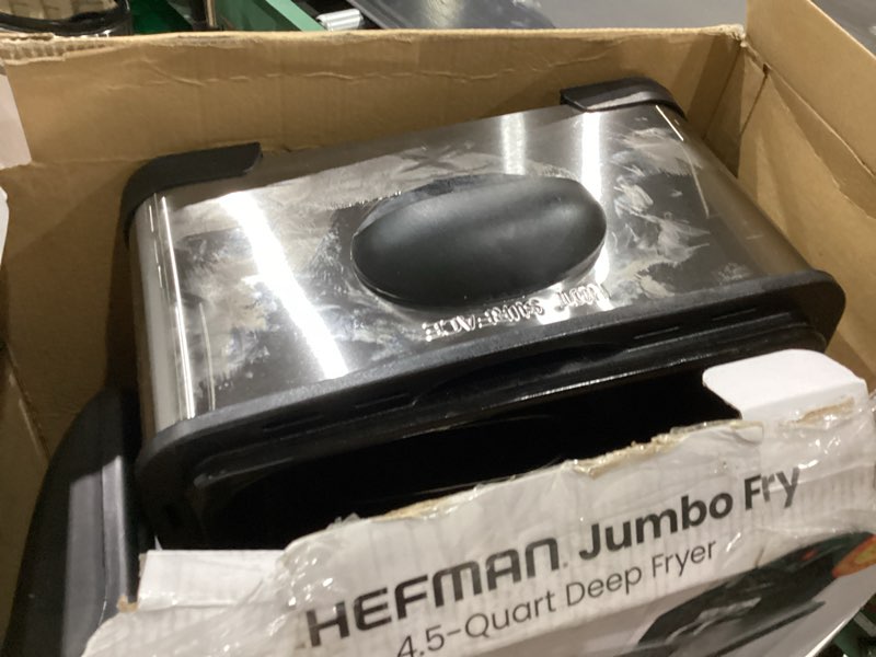 Condition photo showing As Is for chefman 4.5 liter deep fryer w/basket strainer, xl jumbo size, adjustable temperature & timer, perfect for fried chicken, shrimp, french fries, chips & more, removable oil-container, stainless steel large