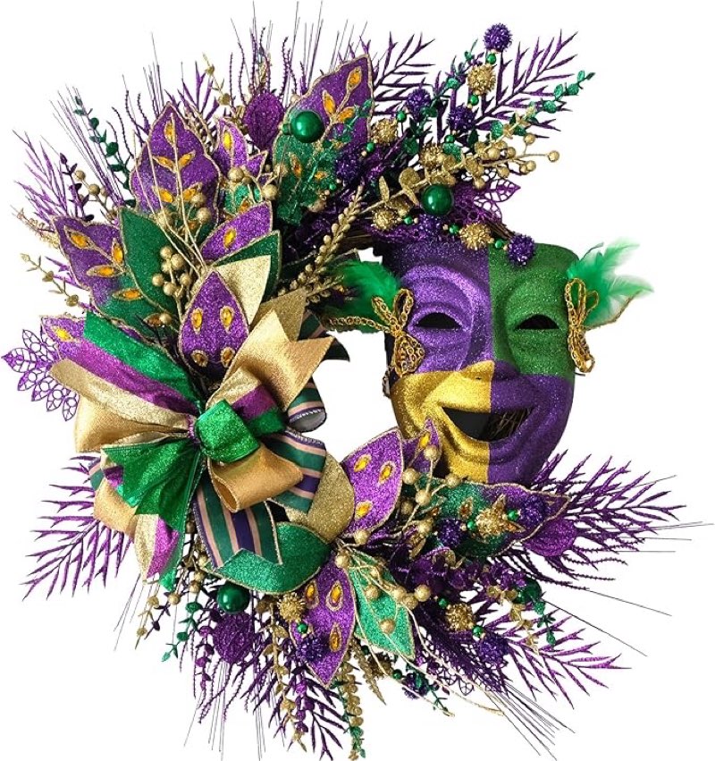Egolot 24 Inch Mardi Gras Glitter Wreath for Front Door, Carnival Glitter Purple Gold Green Color Wr