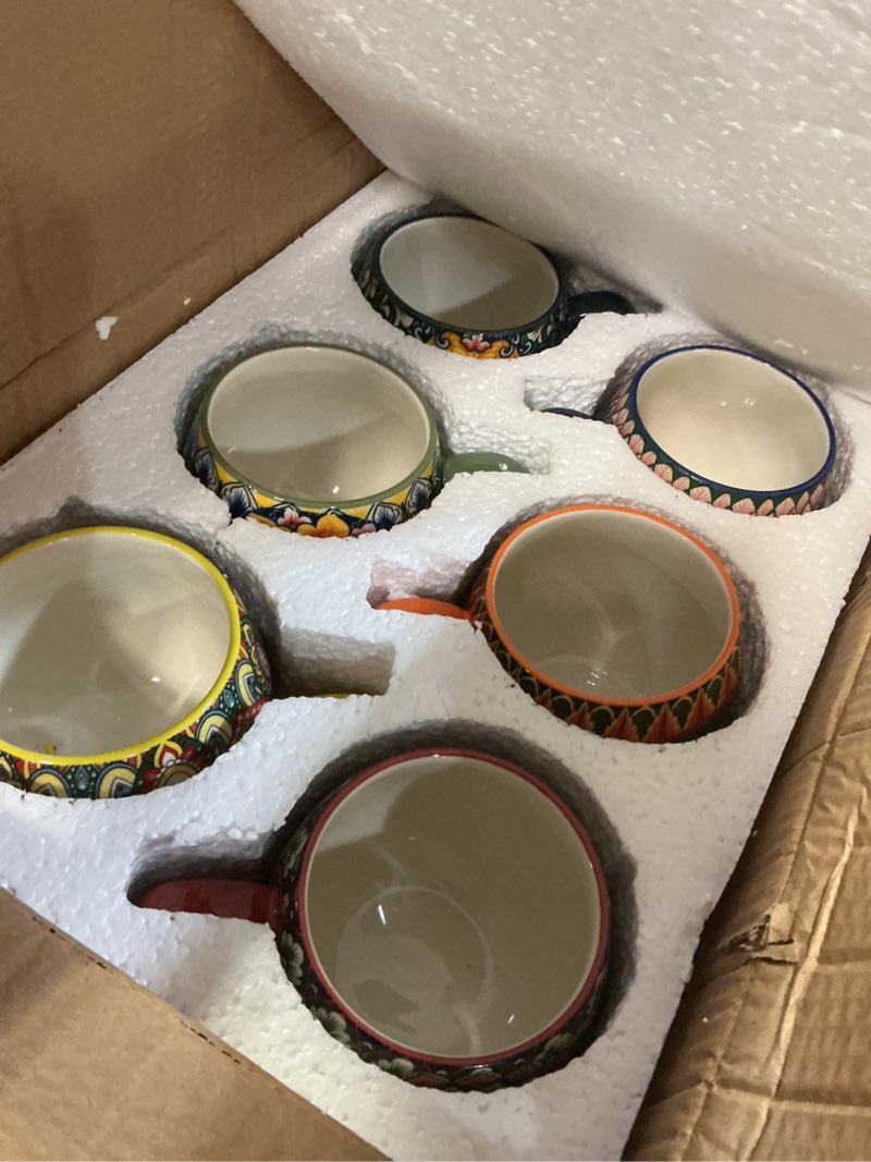 Condition photo showing New/Like New for henten home ceramic coffee mug set of 6, 20 oz colorful coffee cup with handle, boho porcelian mug for cappuccino, latte, tea, hot chocolate, cocoa, microwave & dishwasher safe