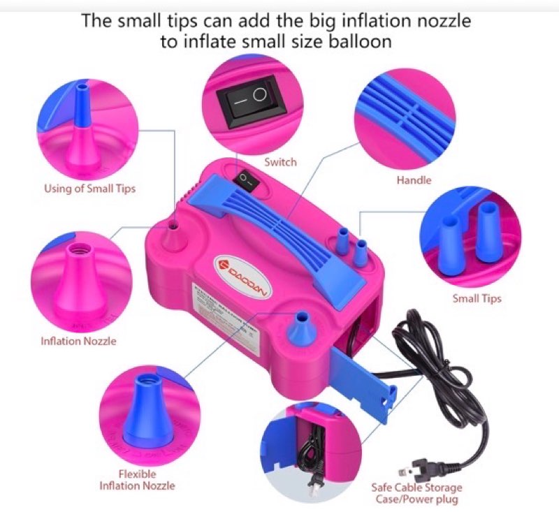 idaodan electric balloon pump, portable electric balloon blower machine balloon air pump dual nozzle rose red 110v 600w balloon inflator for party decorations red blue