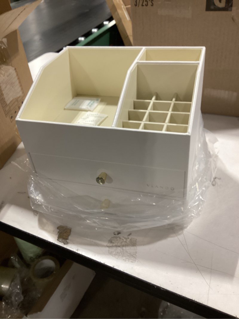 Condition photo showing Good Condition for Vlando Makeup Organizer for Vanity,Large Capacity Countertop Organizer with Drawers, PU Leather Cosmetic Display Case for Lipstick,Brushes,Skincare,Nail polish and Bedroom Storage (White) 3 layers-White