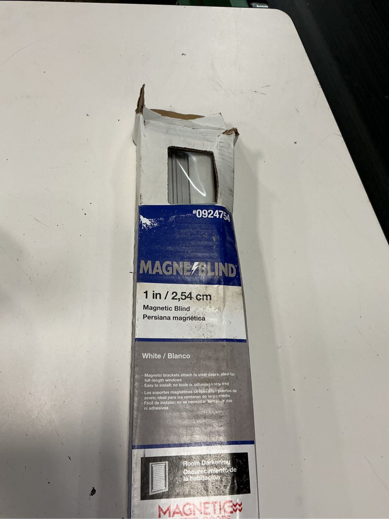 Condition photo showing As Is for magne blind 1-in slat width 25-in x 42-in cordless white vinyl room darkening half-view standard mini blinds