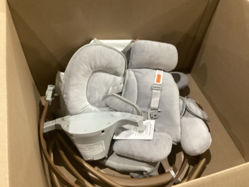Condition photo showing As Is for baby swings for infants, monamii baby swing, bluetooth infant swing with music speaker, 5 speeds and remote control, indoor & outdoor use (light grey)