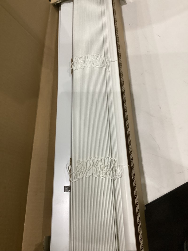 Condition photo showing As Is for lotus & windoware cordless, 2 inch faux wood blind, 34.5" wide x 60" long, window blinds, blinds & shades, blinds for indoor windows, embossed, bright white