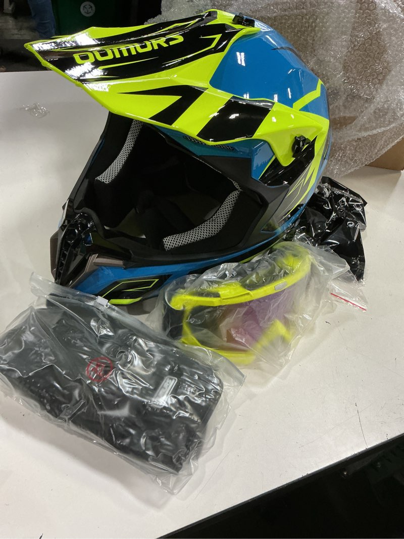Condition photo showing New/Like New for (( size medium ))adult atv dirt bike helmet with goggles gloves & mask adjustable sun visor motorcycle adult helmet off-road motocross downhill moped mx for unisex-adult yellow & blue
