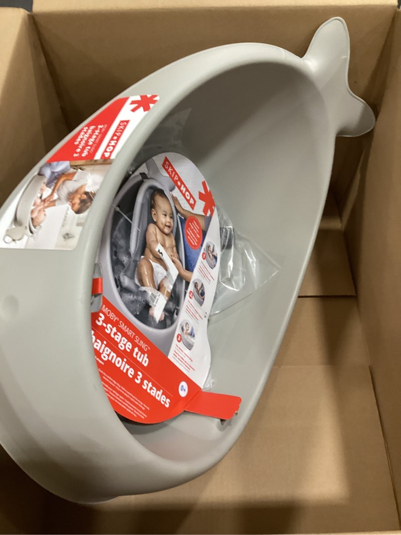 Condition photo showing Good Condition for skip hop infant bath tub 3-stage grow with baby smart sling moby bathtub grey age 0+ grey tub