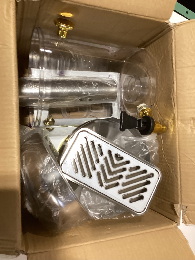 Condition photo showing As Is for 2 Gallon Beverage Dispenser,Gold Stainless Steel Juice Drink Dispensers with Ice Core, Leak-proof Spigot and Detachable Drip Tray for Parties, Weddings & Outdoor (gold, 2 gal-single head) Gold 2 gal-single head