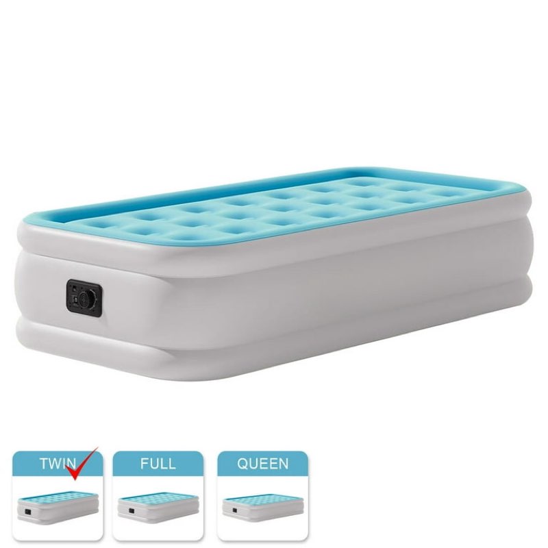 (similar)twin air mattress with built-in pump 18" top flocking,raised comfort,fast inflation/deflation foldable portable air bed with storage bag for home,camping,guests light blue