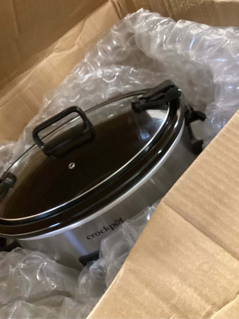 Condition photo showing As Is for Crock-Pot 7-Quart Slow Cooker, Portable Programmable with Timer, Locking Lid, Stainless Steel; an Essential Kitchen Appliance, Perfect for Families and Gatherings