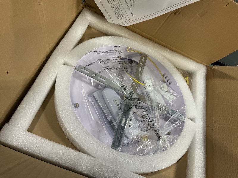 Condition photo showing New/Like New for Littleglovo 15.7" Modern Flush Mount LED Chandelier for Dining Room, Dimmable Natural Wood Petal Ene