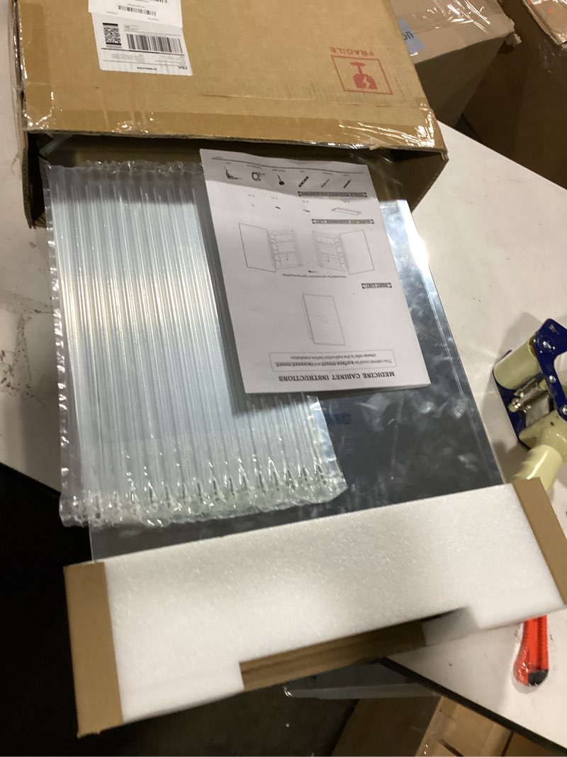 Condition photo showing Good Condition for Black Plastic Bathroom Medicine Mirror Cabinet 16 x 22 inch, Surface and Recessed Mount, Beveled Edge Mirror Black 16x22 inch Beveled Edge Mirror