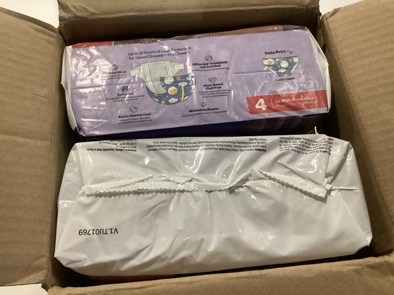 Condition photo showing New/Like New for The Honest Company Comfort Dry Disposable Overnight Diapers for Sensitive Skin, Hypoallergenic, Baby Cozy Cloud and Star Signs Design Club Box Size 4 (22–37 lbs) 48 Count Size 4 48