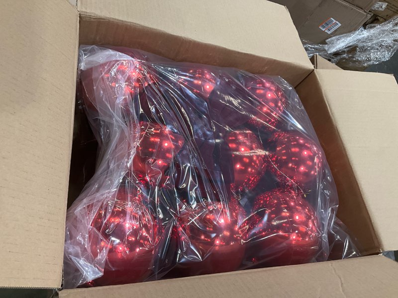 Condition photo showing Good Condition for 2 Sets Lighted Christmas Porch Decor, Giant Ball Garlands 6 ft with 18 Pcs 6" Large Xmas Ball 2 Pcs 20" Large Bows for New Year Party Decor Front Door Outdoor Indoor Tree Banister(Red)