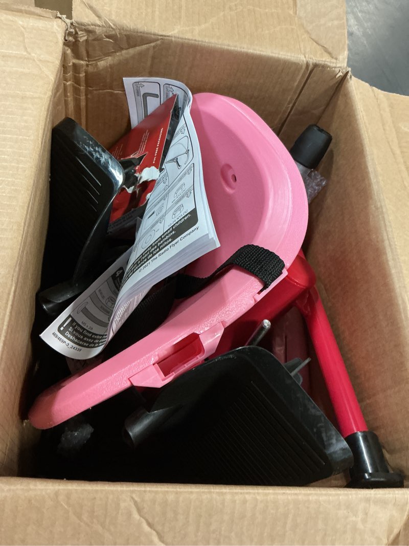 Condition photo showing As Is for radio flyer 4-in-1 pedal & push stroll ’n trike, ages 1-5, toddler tricycle & stroller, high-density foam tires, parent push handle, uv canopy, removable tray, headrest & seatbelt, stroller tricycle pink