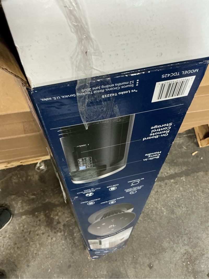 Condition photo showing As Is for lasko 42” oscillating 12-speed dc tower fan with remote