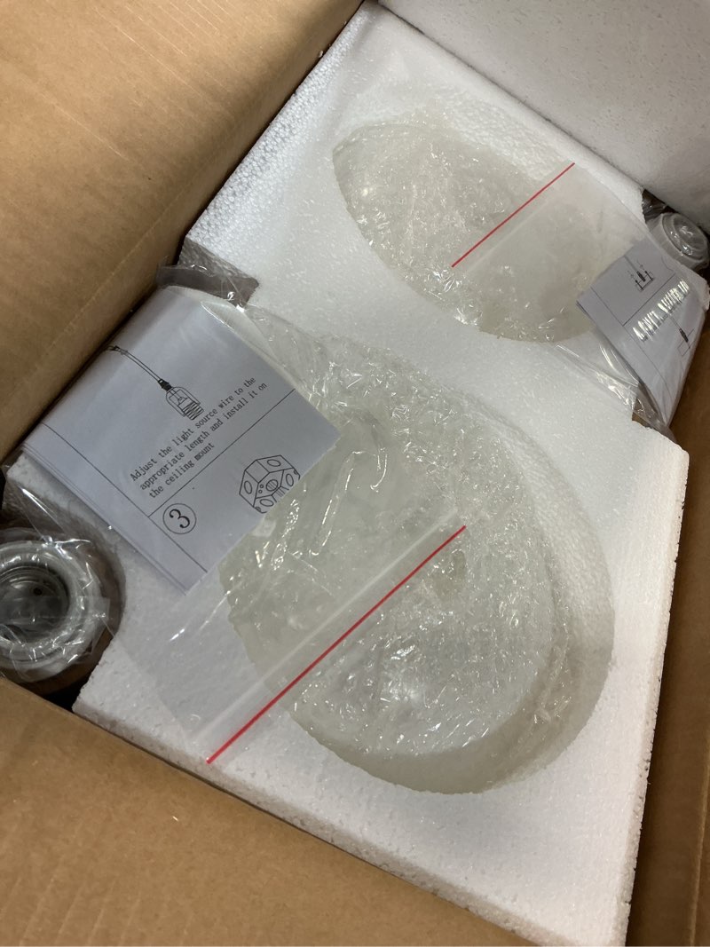 Condition photo showing Good Condition for modern milky glass chandelier, 2-light wood pendant lighting, adjustable chandeliers for kitchen island bedroom dining room, hallway, foyer e26 milky white 2pack