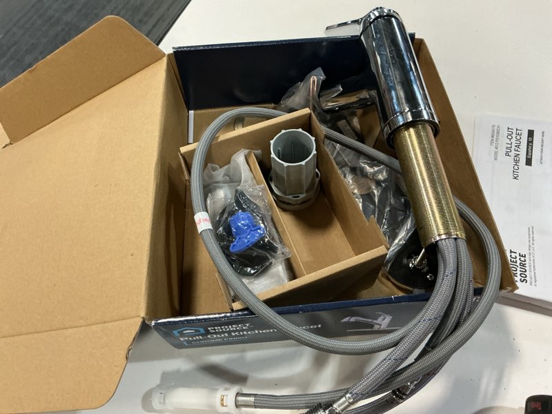 Condition photo showing Good Condition for project source project source chrome single handle deck-mount pull-out kitchen faucet with sprayer (includes deck plate)