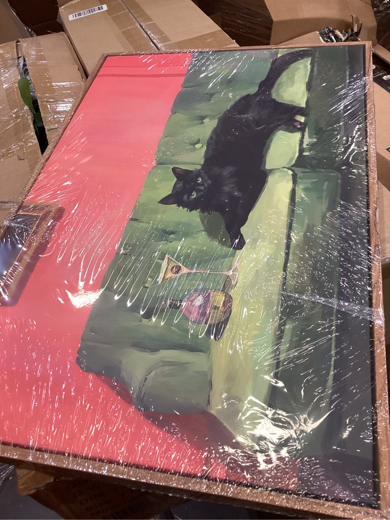 Condition photo showing Good Condition for funny black cat martini wall art, bar cart decor, eclectic cocktail painting canvas print, cute animal artwork picture for bedroom living room kitchen 12x16 inch wood framed 16"l x 12"w black cat b