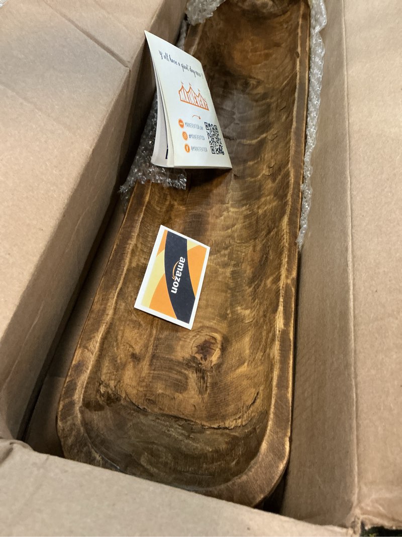 Condition photo showing Good Condition for decorative wooden dough bowl decor approx 30 inch, hand carved spanish oak | made in usa, farmhouse coffee table decor, dining table centerpiece, housewarming gift, decorative tray seasonal home styling 30 inch long brown