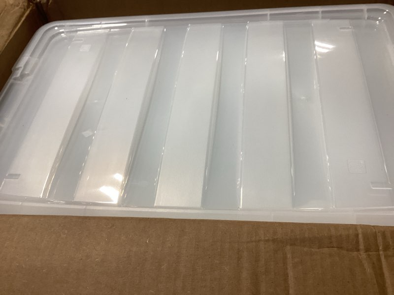 Condition photo showing As Is for IRIS USA 54 Qt Stackable Plastic Storage Bins with Lids, 6 Pack - BPA-Free, Made in USA - See-Through Organizing Solution, Latches, Durable Nestable Containers, Secure Pull Handle - Clear Clear 54 Qt 6 Pack