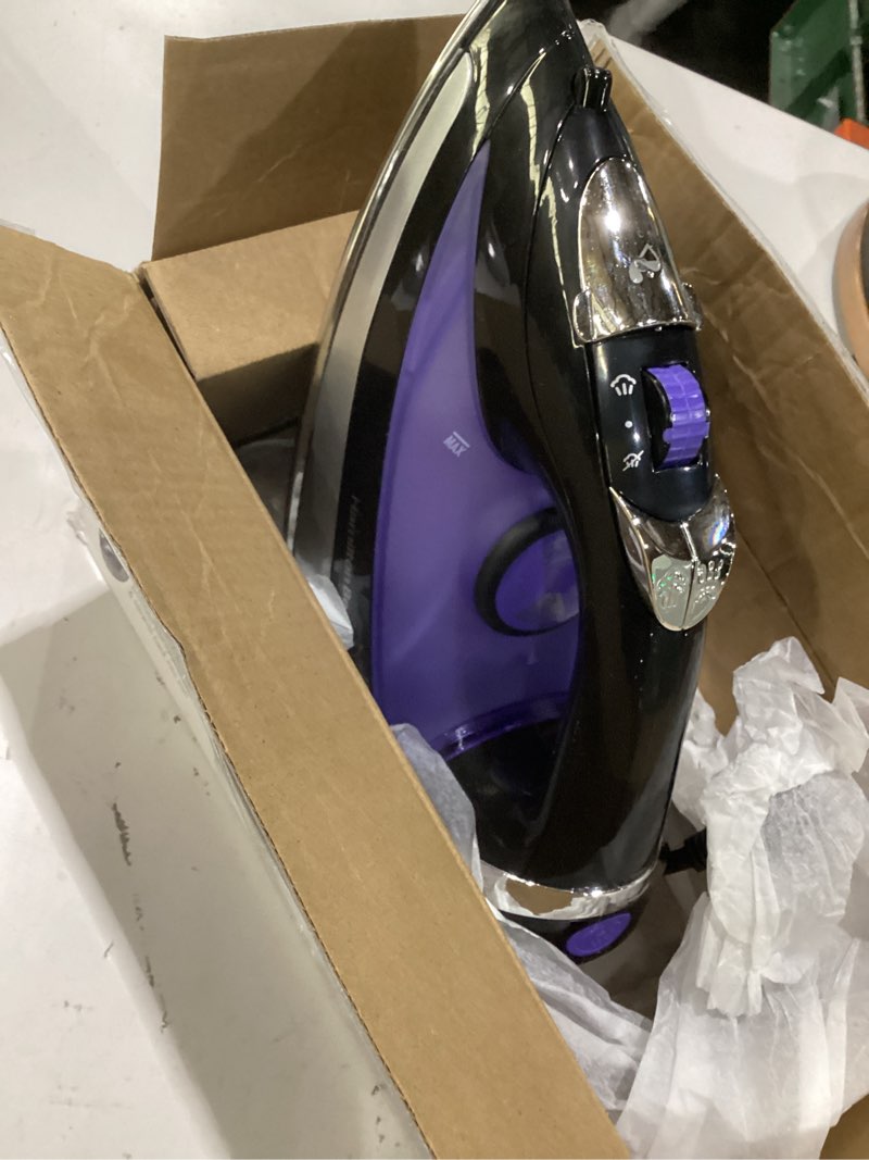 Condition photo showing As Is for hamilton beach steam iron for clothes & garment steamer with smooth press stainless steel soleplate, 1200 watts, 8’ retractable cord, black (14214)