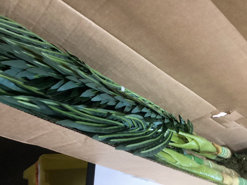 Condition photo showing As Is for artificial gold cane palm tree,  tall faux plant, pe material & anti-tip tilt protection low-maintenance plant, lifelike green fake tree