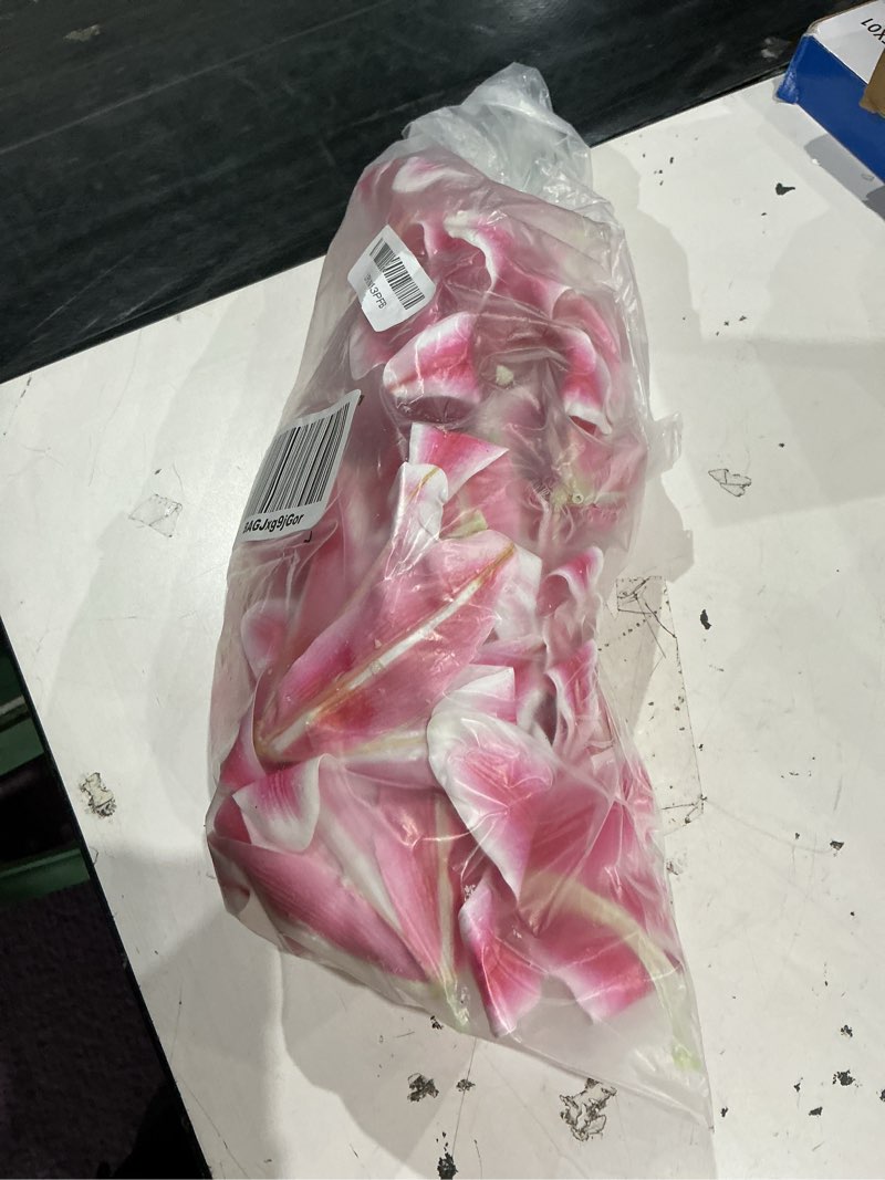 Condition photo showing As Is for suncalla 20 pack large artificial lilies flower heads with realistic stamens 5.9" faux fake lily flower heads bulk for diy crafts cake wedding bridal wreaths table home party decor (dark pink) dark pink 20