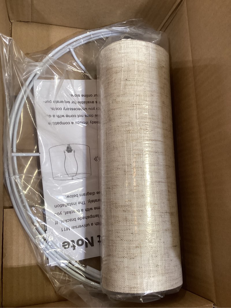 Condition photo showing Good Condition for go&so natural linen medium drum lamp shades 13" top x 13" bottom x 10" high (spider) modern beige gray lampshade for table lamps bedside lamps -assembly required - by go&so 13*13*10 inch-1 pack oatmeal linen