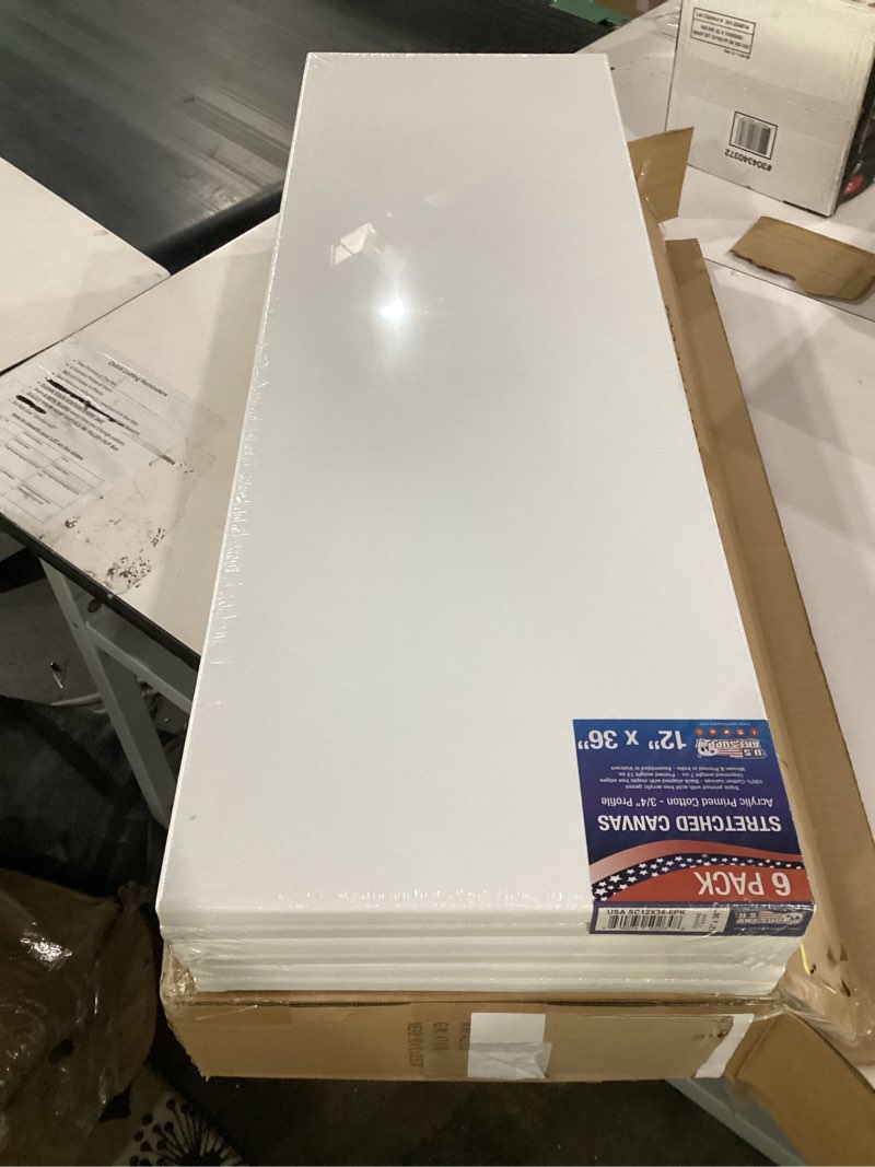 Condition photo showing Good Condition for u.s. art supply 12 x 36 inch stretched canvas 12-ounce triple primed, 6-pack - professional artist quality white blank 3/4" profile, 100% cotton, heavy-weight gesso - acrylic pouring, oil painting