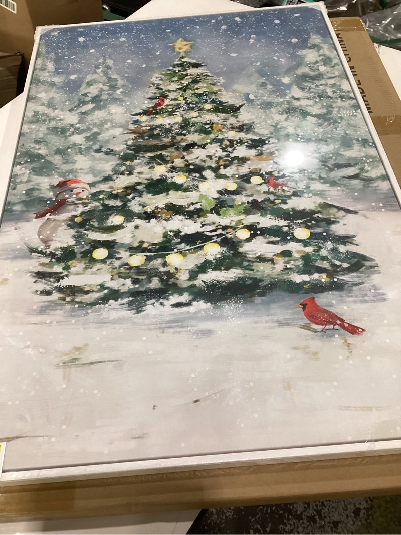 Condition photo showing New/Like New for framed tree wall art, nature forest canvas prints with red bird accents, peaceful evergreen pictures for hallway entryway bedroom office living room wall decor 24x36 in 36"l x 24"w white