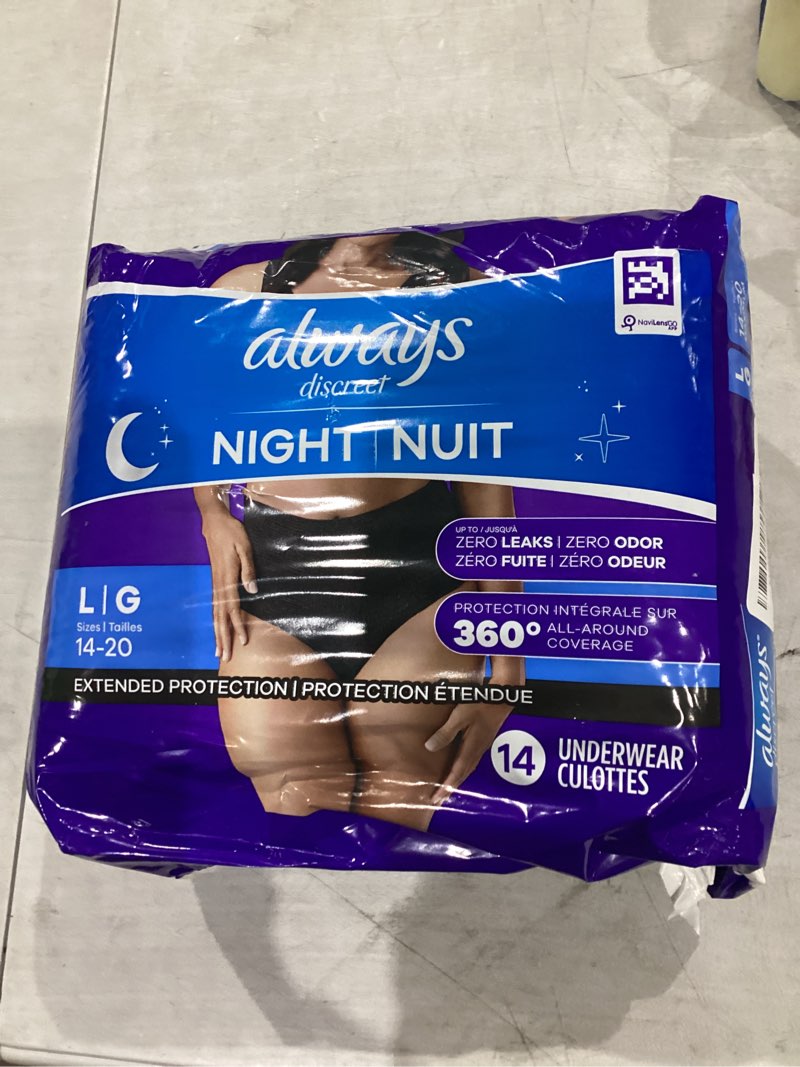 Condition photo showing New/Like New for always discreet adult incontinence overnight underwear for women, large, up to 100% bladder leak protection, 14 count large 14