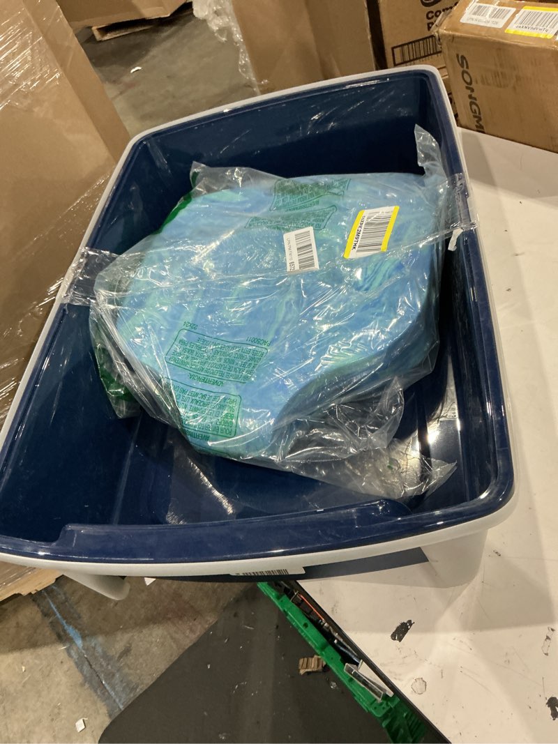 Condition photo showing As Is for iris usa cat litter box xx-large open top with high sided walls tall scatter shield scoop included easy clean plastic pan for big cats kittens multi-cat households 30"l x 20"w x 14"h navy xxl navy