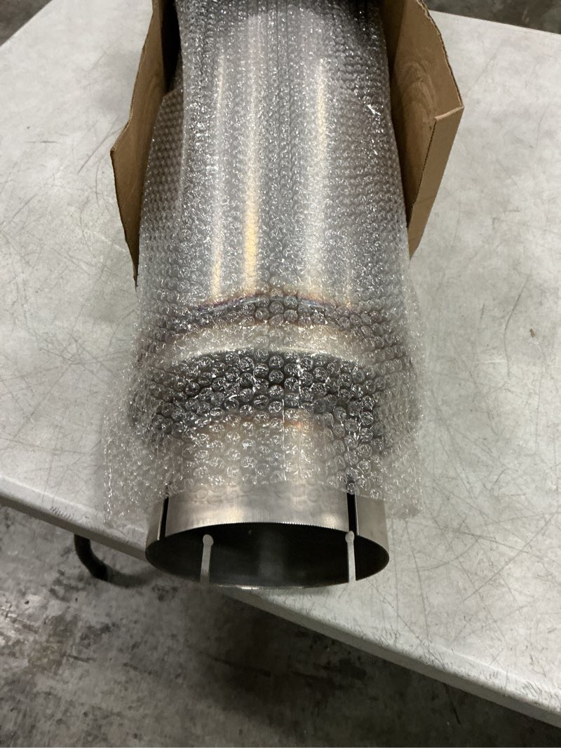 Condition photo showing New/Like New for 5 inch exhaust muffler, 5" inlet/outlet 30" overall length resonator, stainless steel straight through design performance muffler, 1 pc 5‘’ inlet, 7'' body width