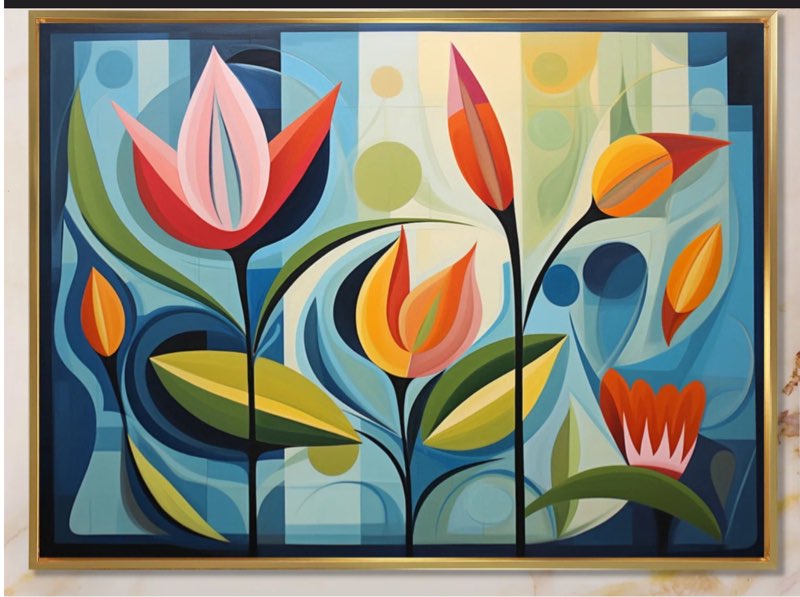 Blue Green Mid Century Mod Wildflowers Nature II - Wildflowers wall art print 34" H x 44" W x 1.5" D 